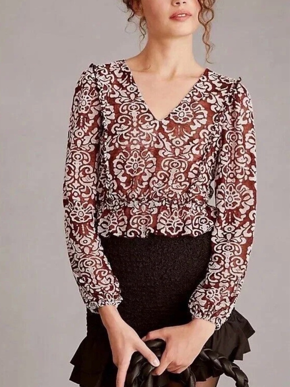 New ANTHROPOLOGIE SHEER JACQUARD PEASANT BOHO WINE PRINT BLOUSE sz S